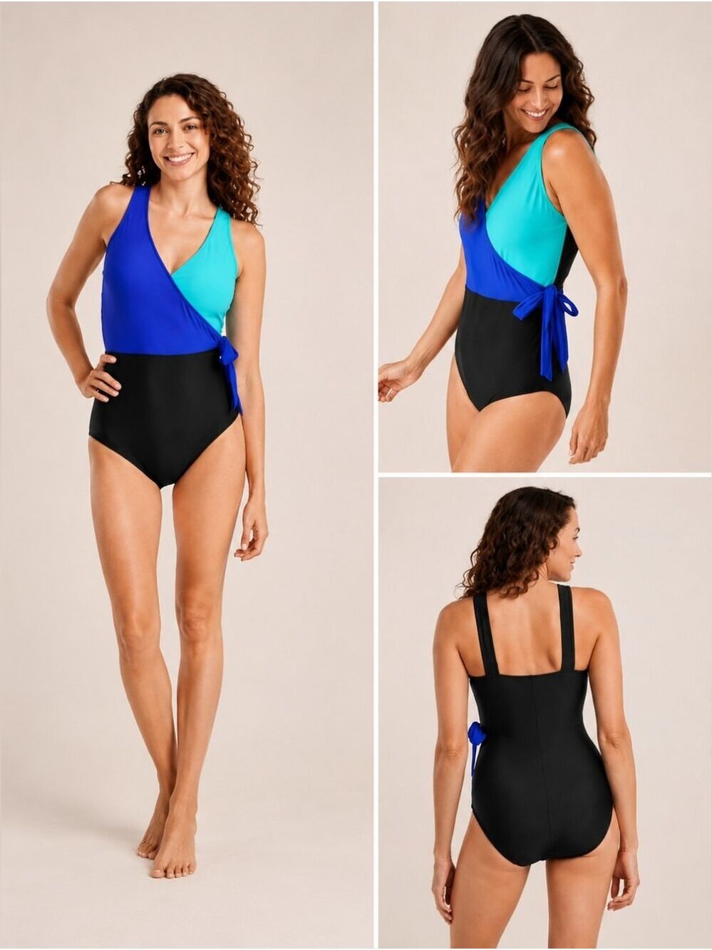 Sonnet Shores Wrap One-Piece Swimsuit | Blue, Aqua & Black Tummy Control
